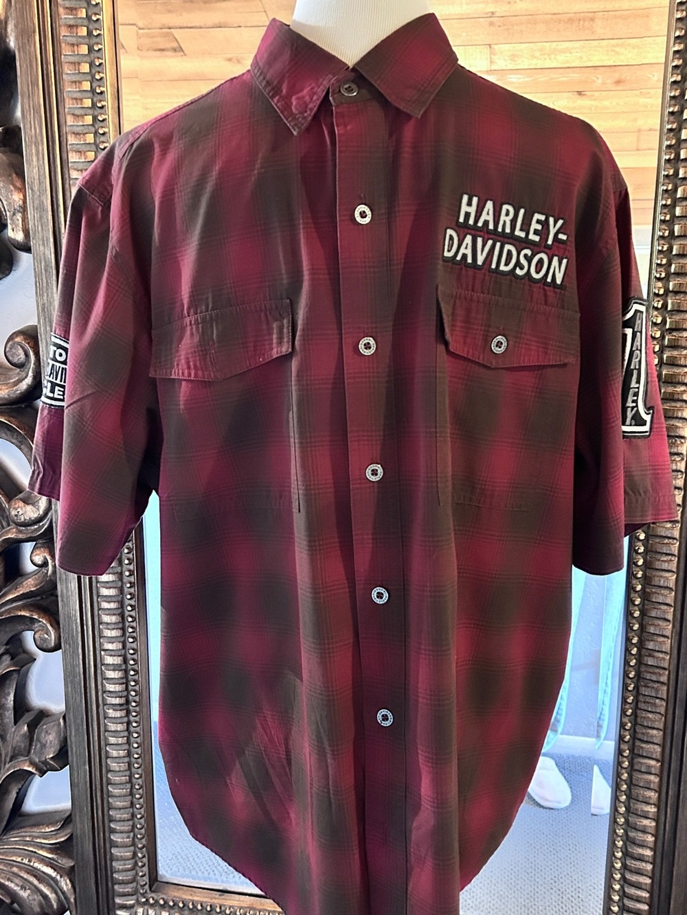 Harley-Davidson Burgundy Plaid Short-Sleeve Button-Up Shirt